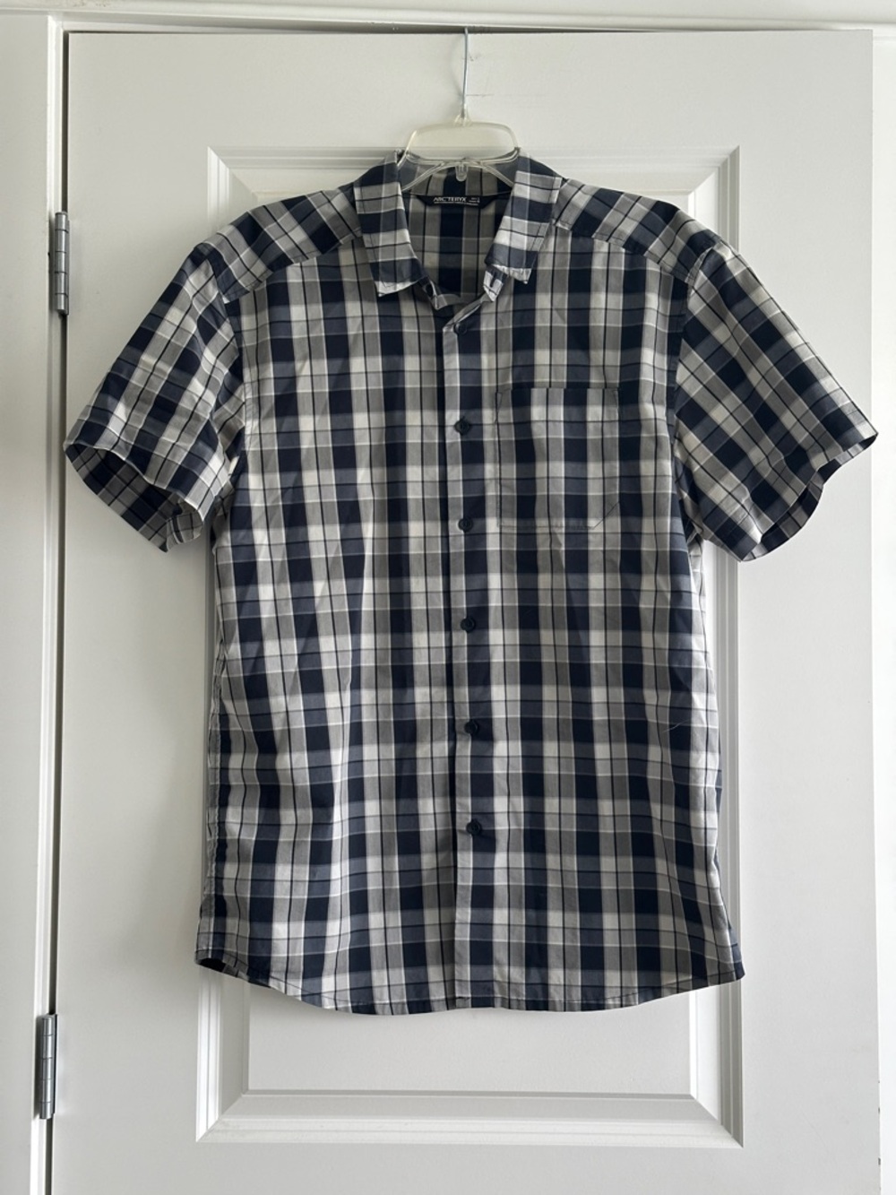 Arc'teryx Men's Short Sleeve Navy and White Plaid Button-Up Shirt